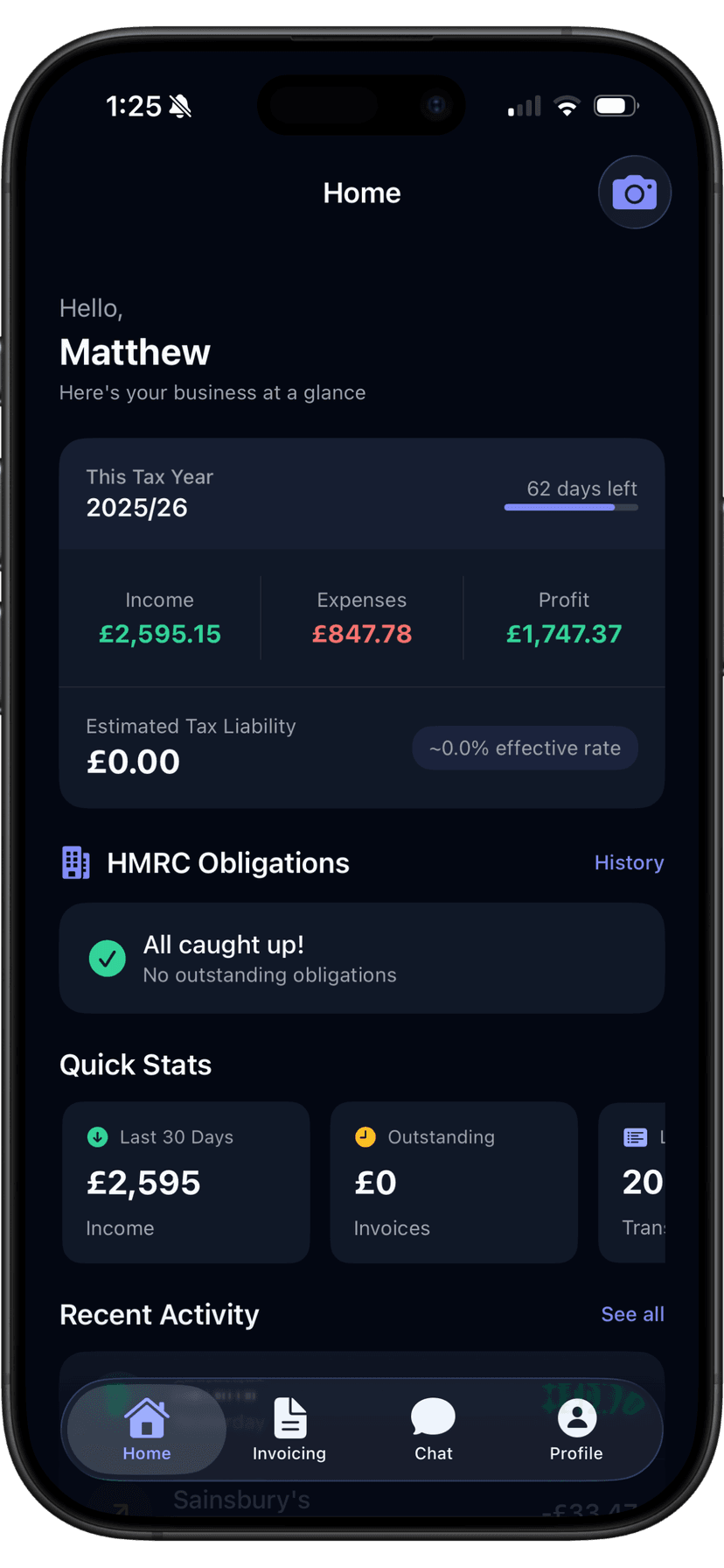 Solas app on iPhone showing dashboard with tax year overview, income, expenses, and HMRC obligations