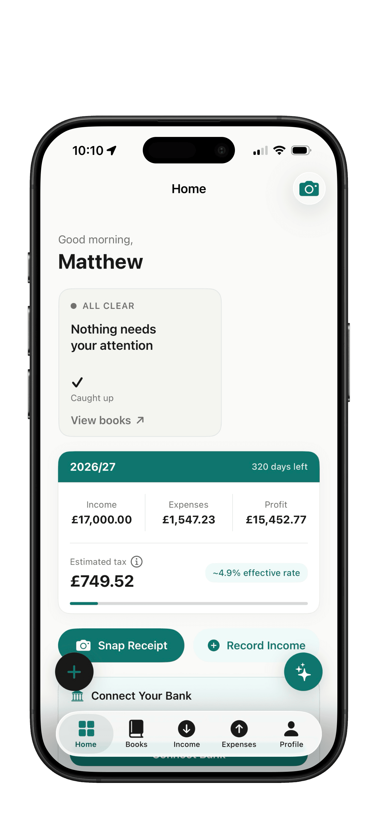 Solas iPhone app showing the Home dashboard — current year income, expenses, profit and estimated tax.